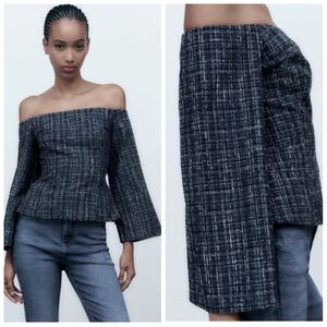 NWT ZARA Off The Shoulder Blue Tweed Plaid Top Women's Medium Textured Boho